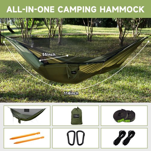 Travel Bird Camping Hammock with Mosquito Net and Ridge Rope, Extra Large for 2 Person, Lightweight Hanging Hammocks Tree Straps, All-in-one Fast Open Hammock for Outside, Hiking, and Travel