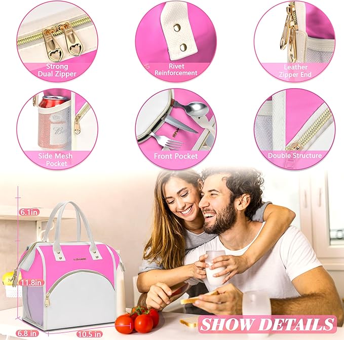 LOKASS Lunch Bag Women Insulated Lunch Box, Wide-Open Lunch Tote Bag Leak-proof Cooler Bag for Work Picnic-（Neon Pink）