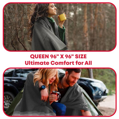 Military Wool Blanket - 95% Wool, Washable, Perfect for Outdoors, Picnics, Travel, Car & Bushcraft Emergency Blanket, 96" x 96" 6.65 lbs. - Grey with Stripes - Queen Size