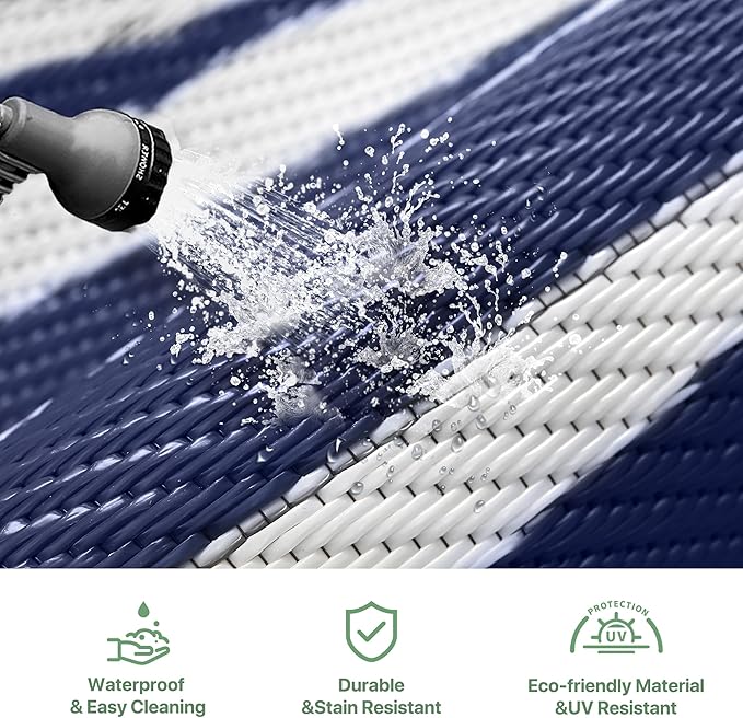 GENIMO Outdoor Rug Waterproof Area 10'x14' for Patio, Foldable Reversible Plastic Straw Carpet for Travel Trailers, Outside Mat for Rv, Deck, Picnic, Porch, Camper, Balcony, Beach, Blue & White