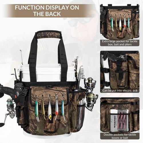 THKFISH Fishing Bucket Organizer for 5 Gallon Bucket, Ice Fishing Bucket Bag with Rod & Plier Holder, Adjustable Fish Protection Bucket Bag with Multi-Pockets for Fishing Gear
