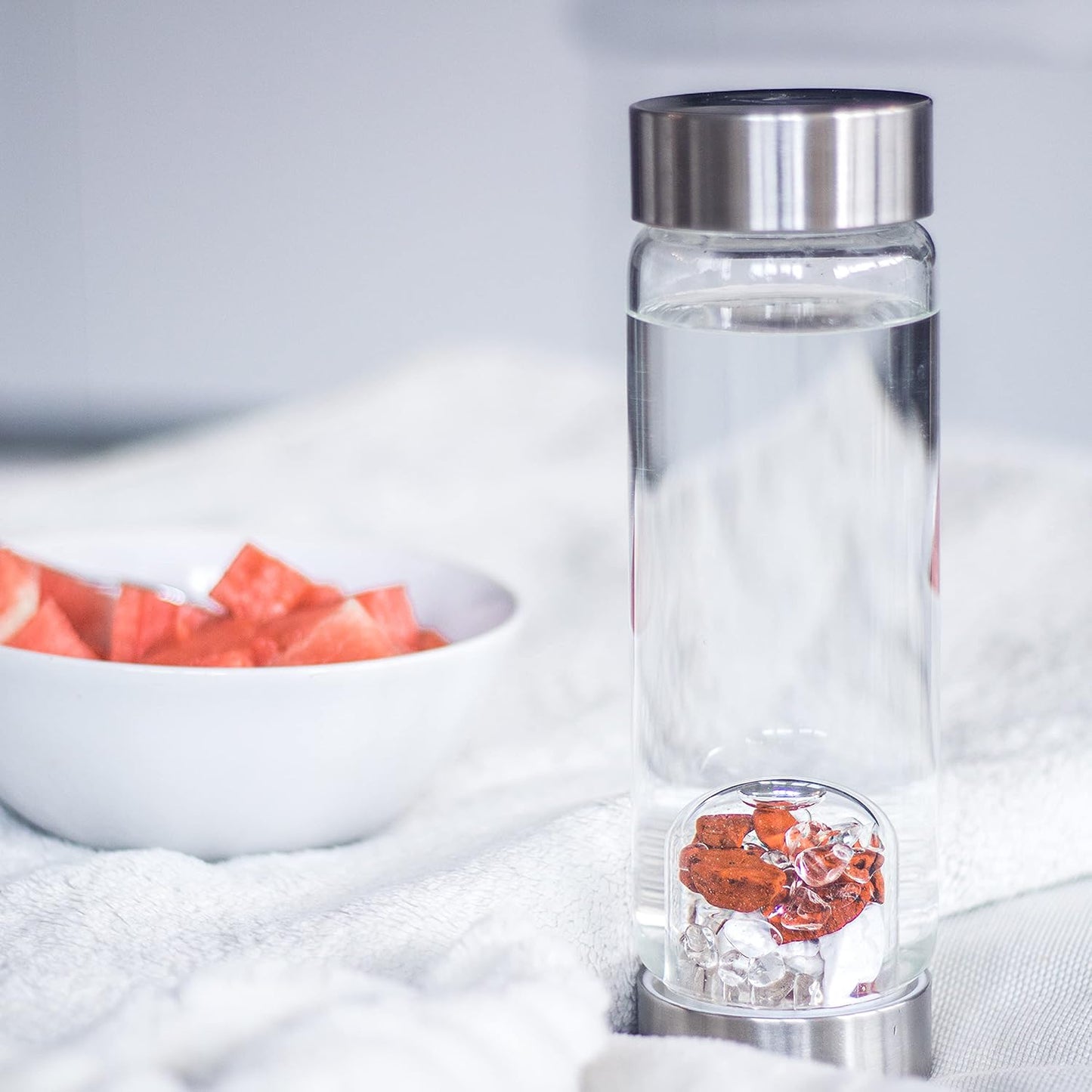 VitaJuwel ViA LUNA | Crystal Water Bottle with Rainbow Moonstone and Clear Quartz for Intuition, Empathy, Femininity