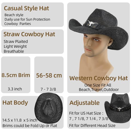 Melesh Straw Cowboy Hat for Women Men Sun Beach Western Cowgirl Hat (US, Alpha, One Size, Black -OX)