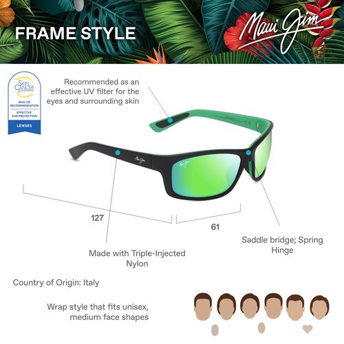 Maui Jim Unisex's Kanaio Coast Polarized Rectangle Sunglasses, Matte Black/Green/Mauigreen® Polarized, Medium