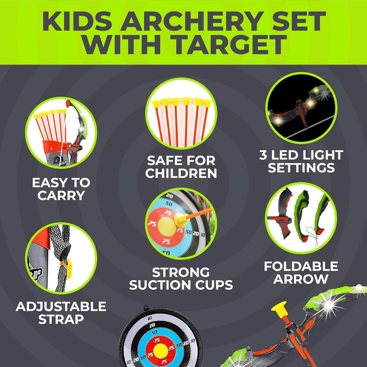 Toysery Kids Archery Set with LED Flash Lights, Toy Bow and Arrow Set for 6-8 Years Old Boys, Includes Archery Bow, 6 Archery Arrows, Target, Quiver - Great for Youth Practice