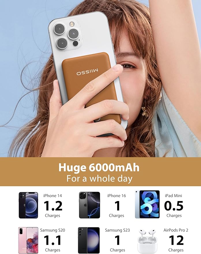 6000mah Ultra Slim Built in Cables Power Bank, Card Size Built in USB C Cords Battery Pack Portable Charger for Phones, 3 Output External Battery Pack Compatible with iPhone, Samsung, Google, Brown