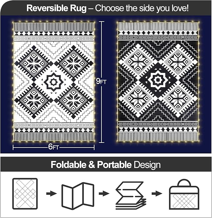 6x9ft Waterproof Outdoor Rug with LED Lights, Boho Reversible Plastic Straw Mat for Patio RV Camping Picnic Balcony Beach Deck Indoor Outdoor Carpet, Black&White