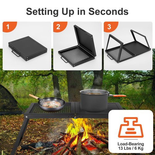 Odoland Folding Campfire Grill, Heavy Duty Steel Mesh Grate with Folding Legs and Storage Bag, Portable Camping Grates, Over Fire Pit Grill Rack for Outdoor Cooking and Bonfire