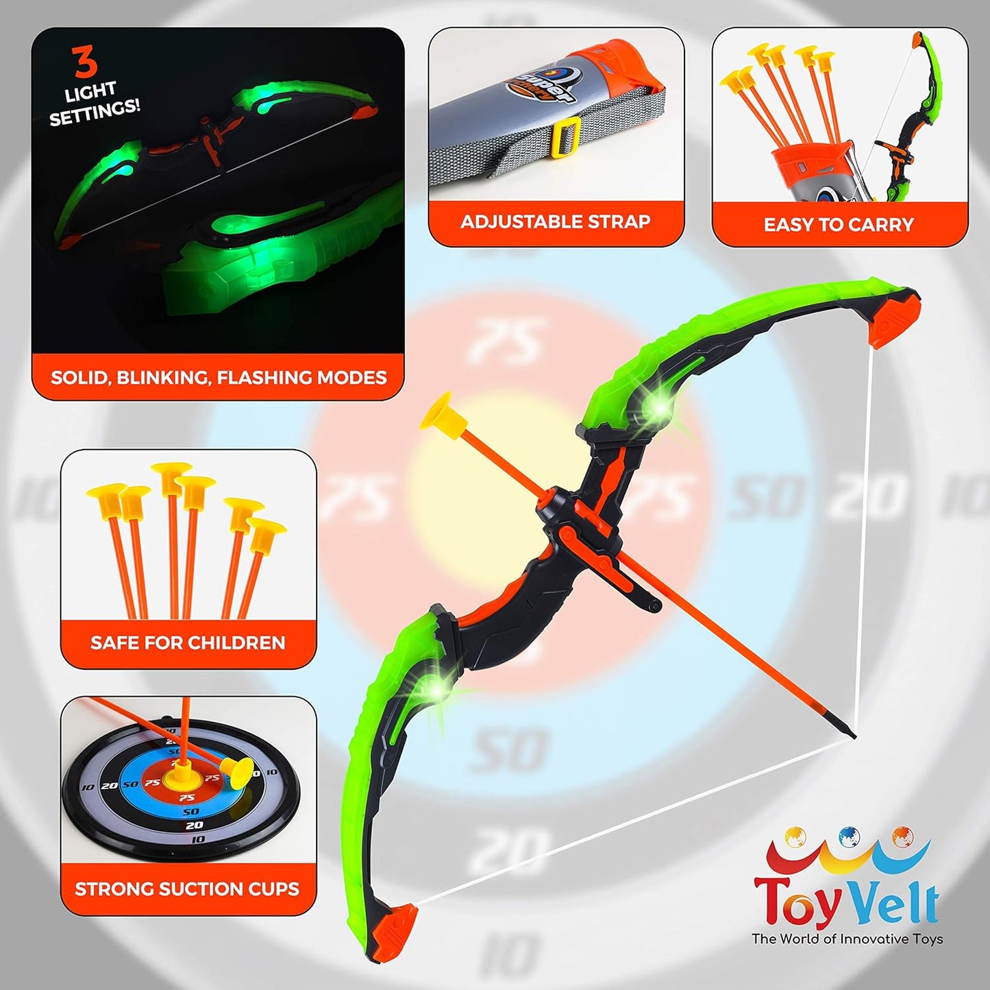 ToyVelt Kids Bow and Arrow Set - Light-Up Archery Set with 6 Suction Arrows, Target and Quiver - Outdoor and Indoor Toy for Boys and Girls Ages 4-12 (Green)