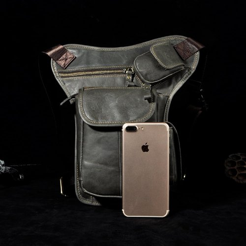 Le'aokuu Mens Genuine Leather Motorcycle Hiking Belt Waist Hip Bum Pack Drop Leg Bag Pouch 3106