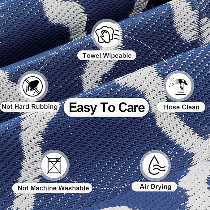 OutdoorLines Outdoor Plastic Area Rugs for Patio 9x12 ft - Reversible Outside Carpet, Stain & UV Resistant RV Mats, Straw Rug for Camping, Deck Garden, Porch and Balcony, Moroccan Navy & Light Grey