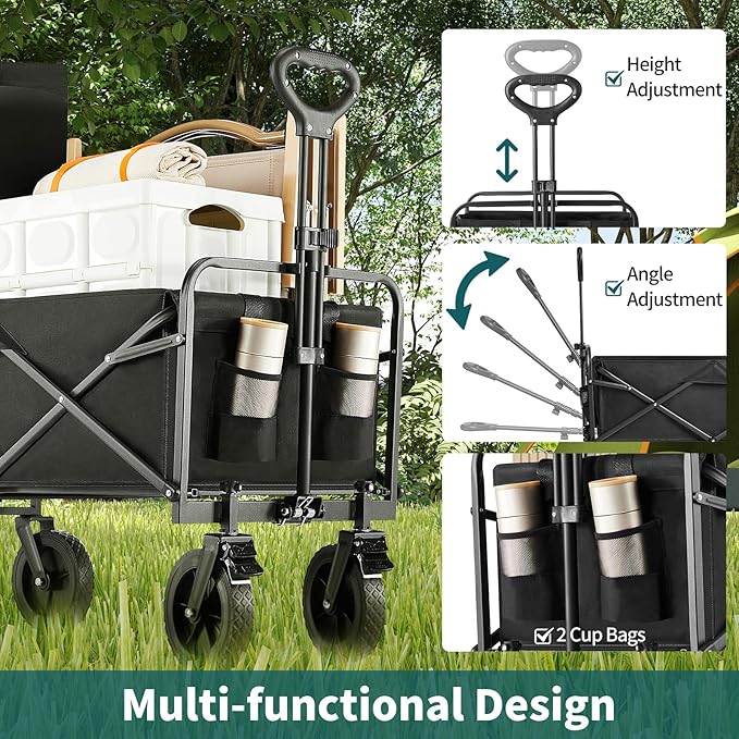 Collapsible Wagon Cart Foldable, 35" L Folding Beach Wagon with All-Terrain Wheels, Shopping Cart with 350lbs Capacity, Portable Camping Wagons Carts for Grocery Garden and Sports, Modern Black