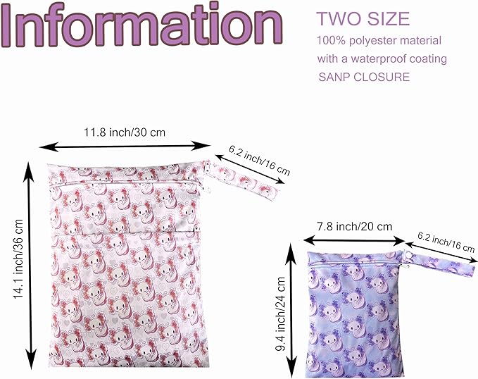 Wet Dry Bag with Two Zippered Pockets, Waterproof Reusable 2pcs Axolotl Wet Bags for Swimsuits, Beach, Swimming Pool,Dirty Yoga Clothes,Travel,Makeup Bag, Fitness, Storage Bag With Handle