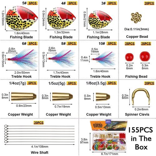 Dovesun Spinner Making Kit DIY Fishing Lure Making Kit Fishing Gifts for Fisherman Inline Spinner Baits with Colorful Spinner Blades B-155PCS-Beetle Blades-Inline Spinner Making Kit