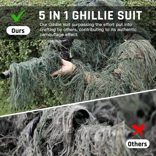 afzdby 5 in 1 Ghillie Suit,3D Camouflage Hunting Apparel Including Jacket,Pants, Hood, Carry Bag Suitable for Unisex Kids men