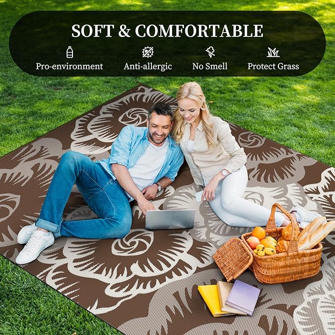 MontVoo Outdoor Rug-Waterproof Patio Rug Mat 6x9 Outdoor Carpet Mat Reversible Plastic Straw Outside Outdoor Rug for RV Camping Picnic Beach Balcony Backyard Pool Deck Farmhouse Floral Beige Brown
