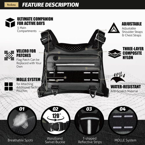 VEELONG Chest Bag for Men Women, Water-resistant Running Vest with Phone Holder, Adjustable EDC Tactical Chest Bag for Workouts, Black