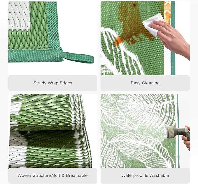 wikiwiki Outdoor Rug, 8x10ft Waterproof Reversible Mat Indoor Outdoor Rugs Carpet, Small Area Rug Plastic Straw Rug for Patio Deck Balcony Pool RV Camping Beach Picnic, Green, Rugscape Series
