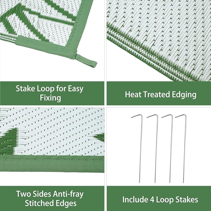 Anidaroel Leaf Outdoor Rugs 6x9ft for Patios Clearance Waterproof, Reversible Tropical Plastic Straw Camping Mat Outside Rug, Large Outdoor Area Rug for RV, Deck, Balcony, Picnic(Green,6'x9')
