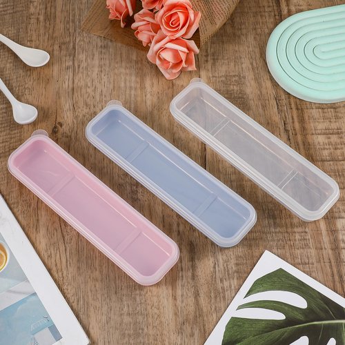 Tyqour 3PCS Portable Flatware Box Plastic, Simple Travel Tableware Storage Case, Reusable Utensil Container for Lunch Box for Cutlery Kit Pink, Blue,Transparent