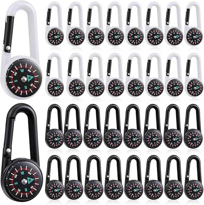 TOODOO 32 Pcs Compass Keychain for Kids Adventure Camping Small Keychain Belt Clips With Holes Compass Metal Buckle Keychain Outdoor Camping Party Favors