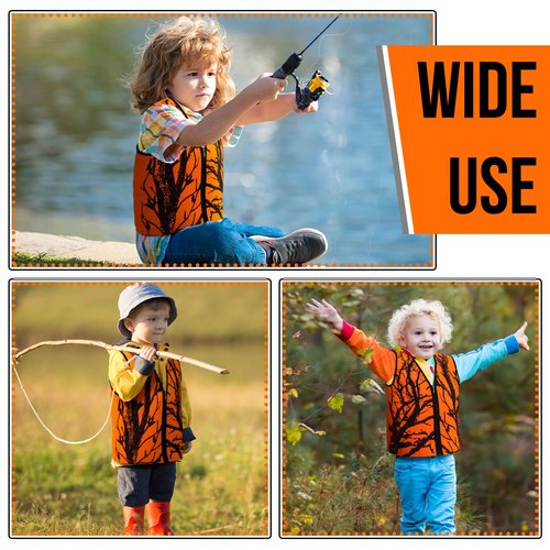 Berlune 2 Pcs Kids Hunting Vest & Beanie Set Reflective Hunting Clothes Blaze Vests for Night Hiking Outdoor(Orange,L,Pattern Style)