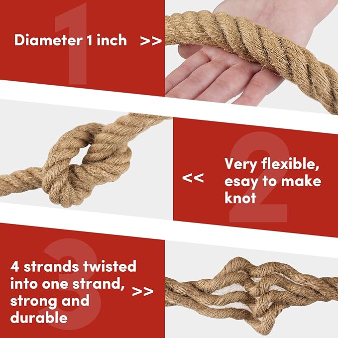 Twisted Manila Rope 1 in x 50 feet Natural Hemp Rope for Docks Railing Nautical Landscaping Crafts Tug of War Marine Tie-Downs Hammock Home Decorating DIY Projects