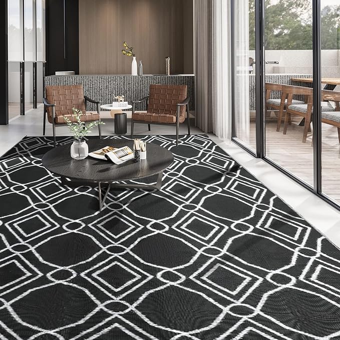 Kohree Outdoor Rugs 9x12 Patios Clearance, Outdoor Patio Rug Waterproof, Outdoor Carpet Camping Mat Rug for RV, Deck, Backyard, Picnic, Porch, with 4 Stakes and 1 Carry Bag, Black, Easy to Clean