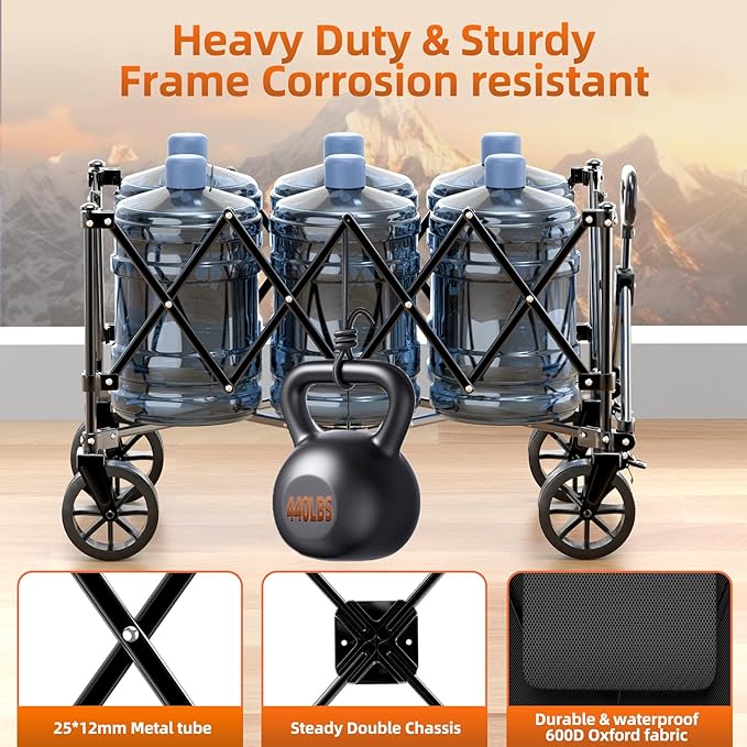 440lbs Collapsible Wagon Cart with Wheels, Large Capacity Wagons Carts Foldable, Heavy Duty Folding Utility Wagon with Side Pockets, Grocery Wagon for Beach, Camping, Sports, Transport, Black