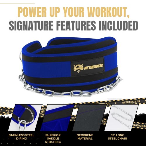 Nethergear Dip Belt for Weight Lifting with 36” Heavy-Duty Steel Chain, Comfortable Neoprene & Strong Stitching, Weighted Belt Ideal for Bodybuilding, Powerlifting, Pull Ups & Squats - Blue…