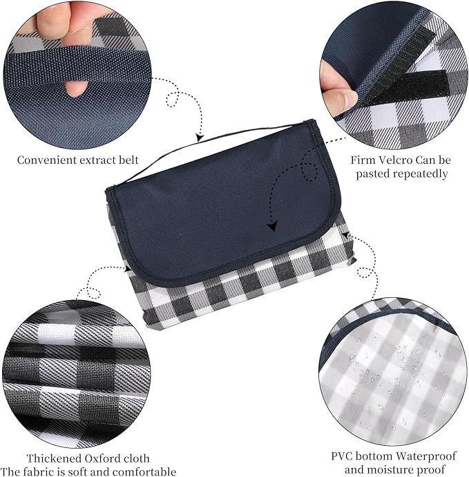 Picnic Blanket Waterproof Beach Rug 80''x80'' Picnic Mat Washable Lightweight with Handle Navy Blue Checkered for Hiking Travelling Outdoor Camping,Parks