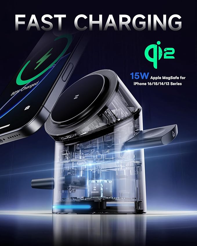 ZEEHOO 3 in 1 Charging Station for Apple Devices, Mag-Safe Charger Stand, Qi2 15W Auto-Rotating Wireless Charger for iPhone 16/15/14/13/12 Series& AirPods& iWatch(Black)
