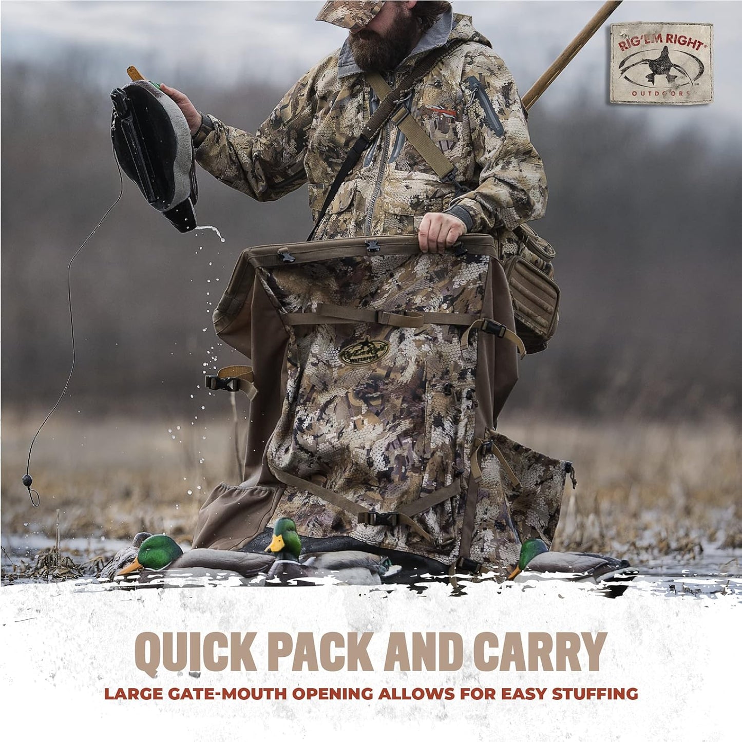 Rig'Em Right Waterfowl Refuge Runner Decoy Duck Hunting Backpack with Deluxe Padded Backrest and Shoulder Straps (Gore Optifade Marsh Camo)