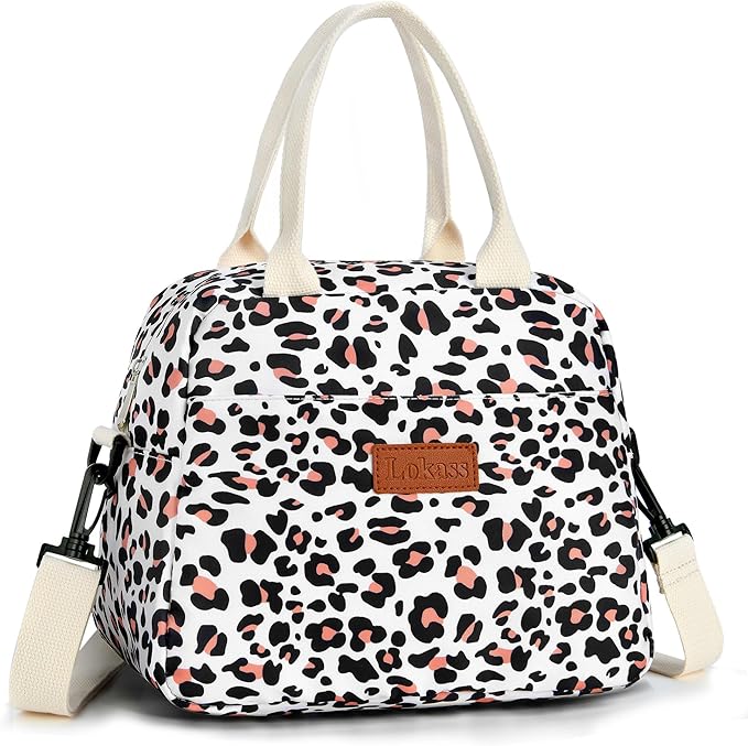 LOKASS Lunch Box for Women-Insulated Adults Lunch Bag with Removable Shoulder Strap&Front Pocket，Cute Lunch Tote for Work-Reusable Leopard Print Cooler Bag for Office Picnic Beach or Travel