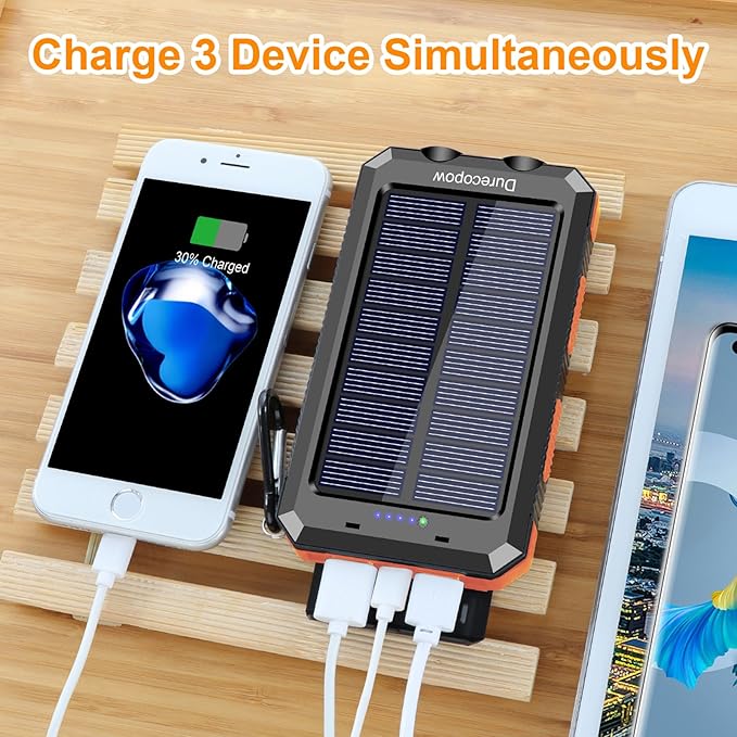 Solar Charger Power Bank, 20000mAh Portable Outdoor Waterproof Solar Battery Charger, Camping External Backup Battery Pack USB C Ports Input/Output, 2 Led Light Flashlight with Compass (Orange)