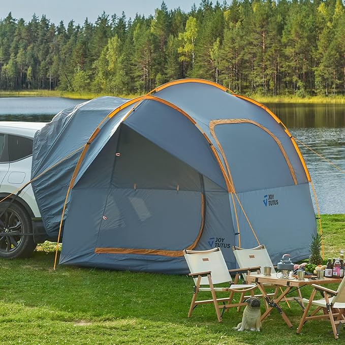 JOYTUTUS SUV Tent for Camping with Rainfly, Double Door Design Car Tent with Aluminum Poles, SUV Tailgate Tent with Waterproof PU2000mm Double Layer for 6-8 Person, Orange