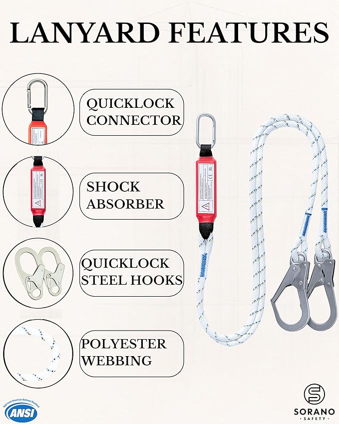 Sorano Safety Harness Fall Protection Kit, Full Body Roofing harnesses with Shock Absorbing Lanyard for Men, Fall Protection Harness for Construction Arneses De Seguridad Para Construcción, OSHA/ANSI