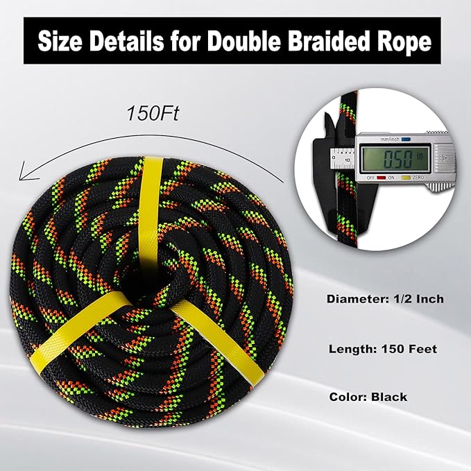 Double Braided Arborist Rope - 1/2 Inch x 150 Feet Polyester High Strength Climbing Rope for Tree Work, Swing, Halyard, Sailing(Black/Green/Orange)
