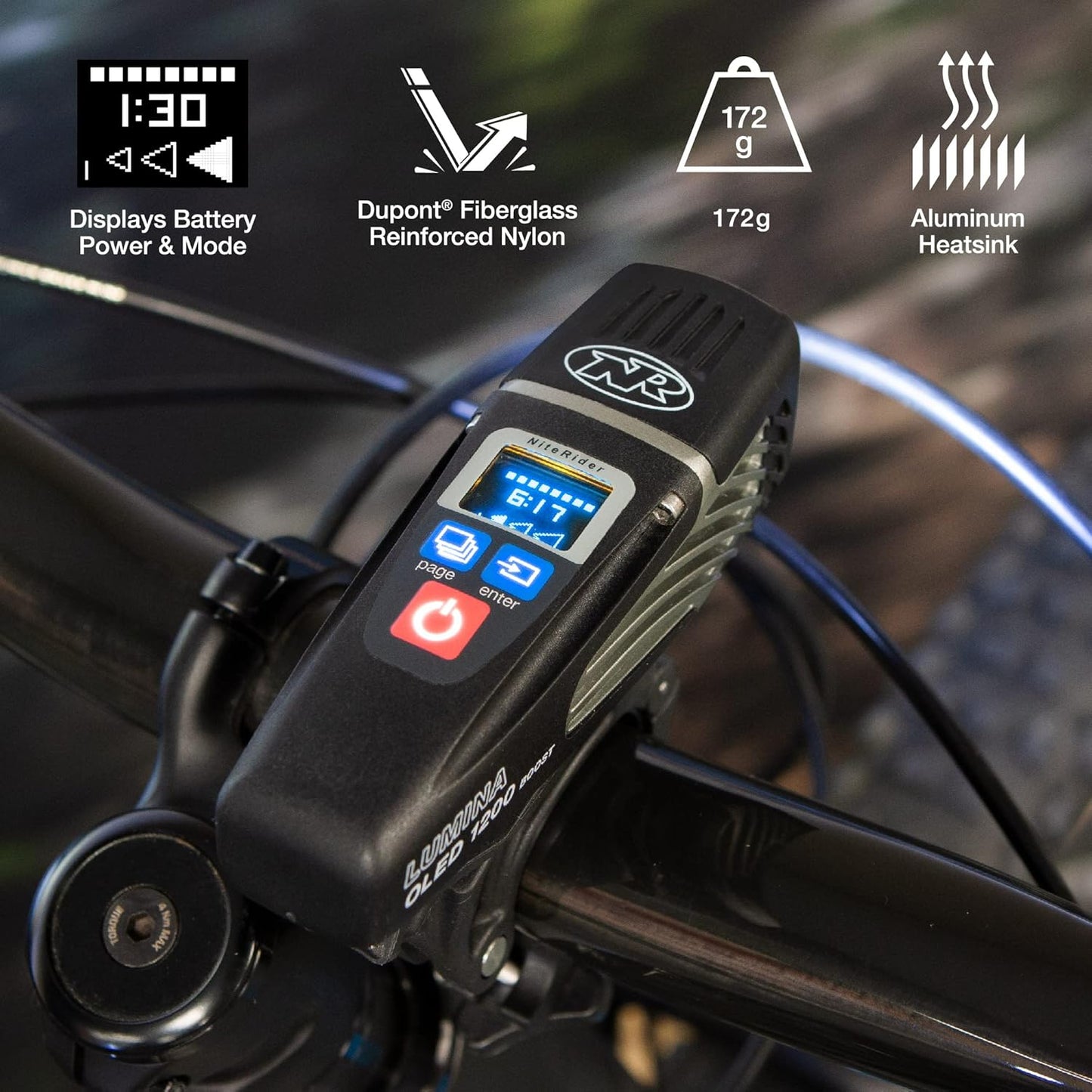 NiteRider Lumina OLED Boost 1200 Lumen USB Rechargeable Bike Headlight – OLED Display USB Rechargeable Front Bike Light 9 Modes IP64 Waterproof Road Cycling MTB Commuter eBike Safety Night Riding
