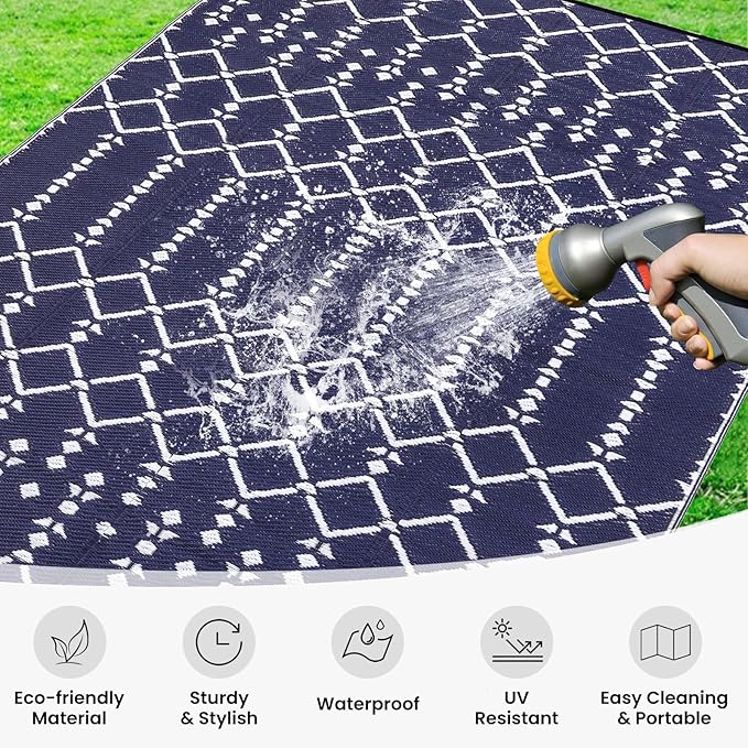 Smiry Outdoor Rug 9x12 ft, Waterproof Reversible Plastic Straw Rugs, Boho Outdoor Area Rug, Outside Floor Mat for Patio, Backyard, Deck, Picnic, Beach, Camping, Navy