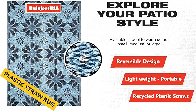 BalajeesUSA Outdoor Rug - 5x7 Sky Blue, Black, Grey, Reversible Recycled Plastic Straw Outdoor Patio Rugs Clearance Waterproof Large RV Camper Mats 287