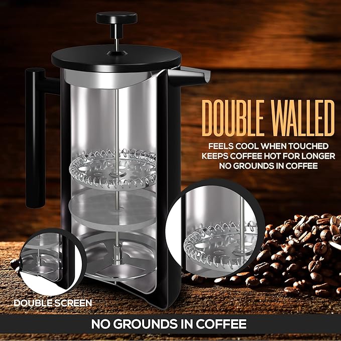 Utopia Kitchen Stainless Steel French Press Coffee Maker 50 Oz, French Press Tea Maker, Cold Brew Portable Travel Coffee Presses, Tea Press Gifts Black