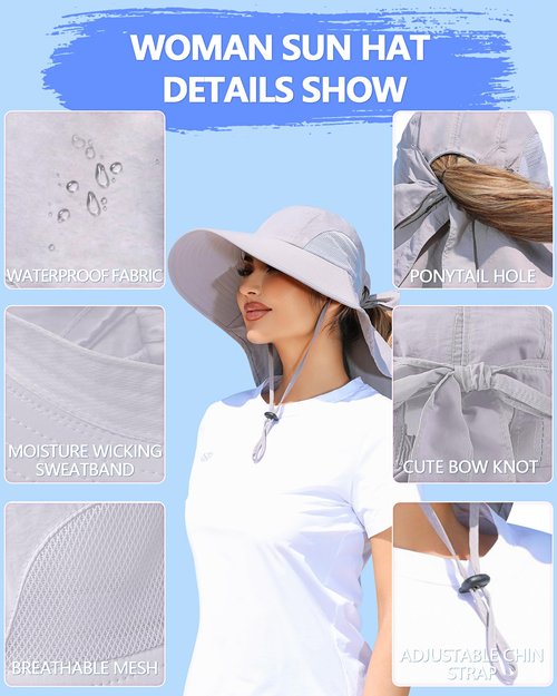 SENWAI Womens Sun Hat Outdoor UV Protection Wide Brim Fishing Hat with Ponytail Hole Neck Flap for Beach Hiking Camping, Light Gray