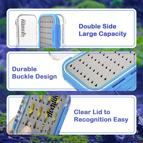 Aventik Fly Fishing Box Jig Box Waterproof Float Lightweight Double Side Large Capacity Easy Grip Clear Lid Fly Fishing Lures Box(H18 Blue, SIZE A:4.24X3.04X1.36inch)