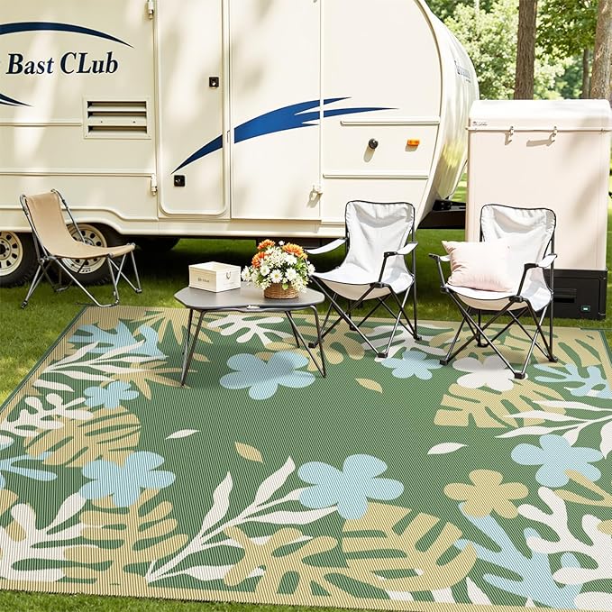 MontVoo Outdoor Rug Waterproof 5x8 ft RV Outdoor Rug for Camping Picnic Mat Outdoor Patio Rug Carpet Plastic Straw Reversible Floral Green Yellow