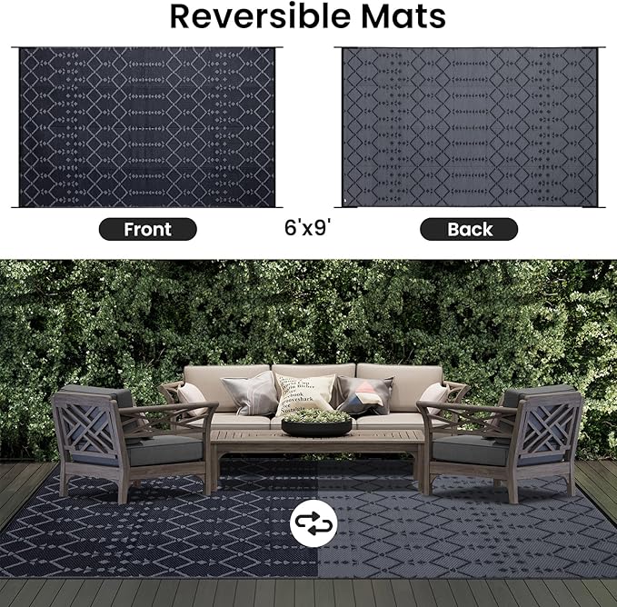 Smiry Outdoor Rug 6x9 ft, Waterproof Reversible Plastic Straw Rugs, Boho Outdoor Area Rug, Outside Floor Mat for Patio, Backyard, Deck, Picnic, Beach, Camping, Dark Grey