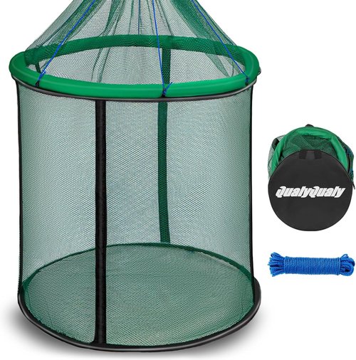 QualyQualy Extra Large Floating Fish Basket for Live Well, Fully Foldable Fishing Net Holder Collapsible Mesh Fishing Holder Cage for Caught Fish Bucket