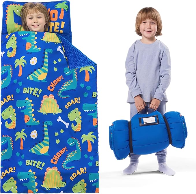 JOIEDOMI Toddler Nap Mat for Preschool 55''x30'' Sleeping Mat with Removable Pillow and Minky Blanket for Kids Ages 3-7 Roll Up Soft Kids Sleeping Bag for Boys Girls Kindergarten Daycare Sleepover