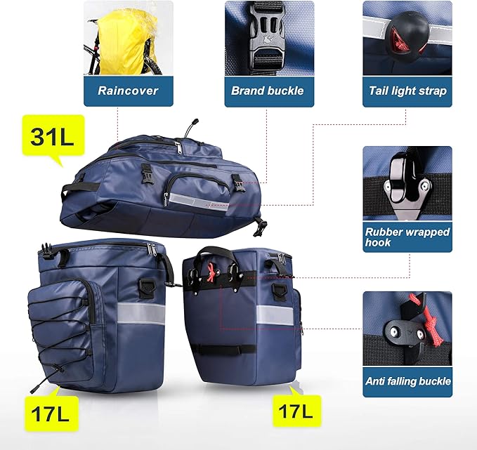 HUNTVP 3 in 1 Bike Pannier Bag - Rack Saddle Backpack Rear Seat Shoulder Laptop Cargo Rack Bicycle Bag with Rain Cover