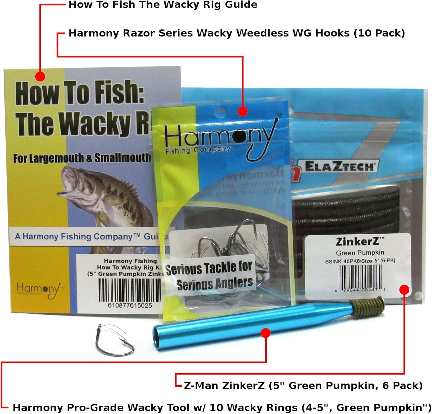 Wacky Rig Kit - Z-Man ZinkerZ 6pk + Wacky Weedless Hooks 10pk + Wacky Tool w/ 10 Wacky Rings + How to Fish The Wacky Worm Guide (Green Pumpkin)